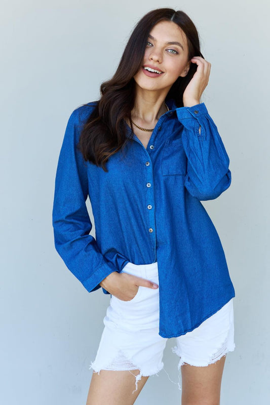 Doublju Blue Jean Baby Denim Button Down Shirt Top in Dark Blue Carauana Store