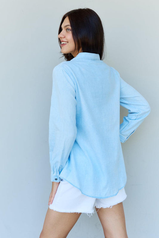 Doublju Blue Jean Baby Denim Button Down Shirt Top in Light Blue Carauana Store