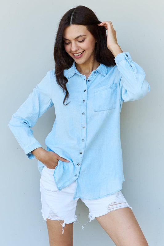 Doublju Blue Jean Baby Denim Button Down Shirt Top in Light Blue Carauana Store