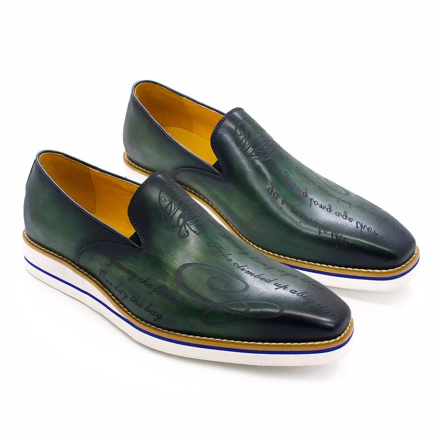 Fashion men casual shoes green comfortable flat loafers classic pointed handmade leather