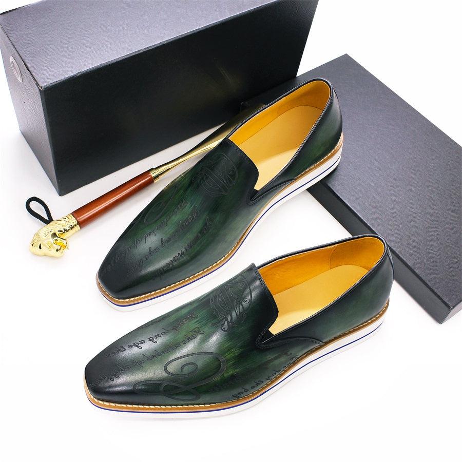 Fashion men casual shoes green comfortable flat loafers classic pointed handmade leather