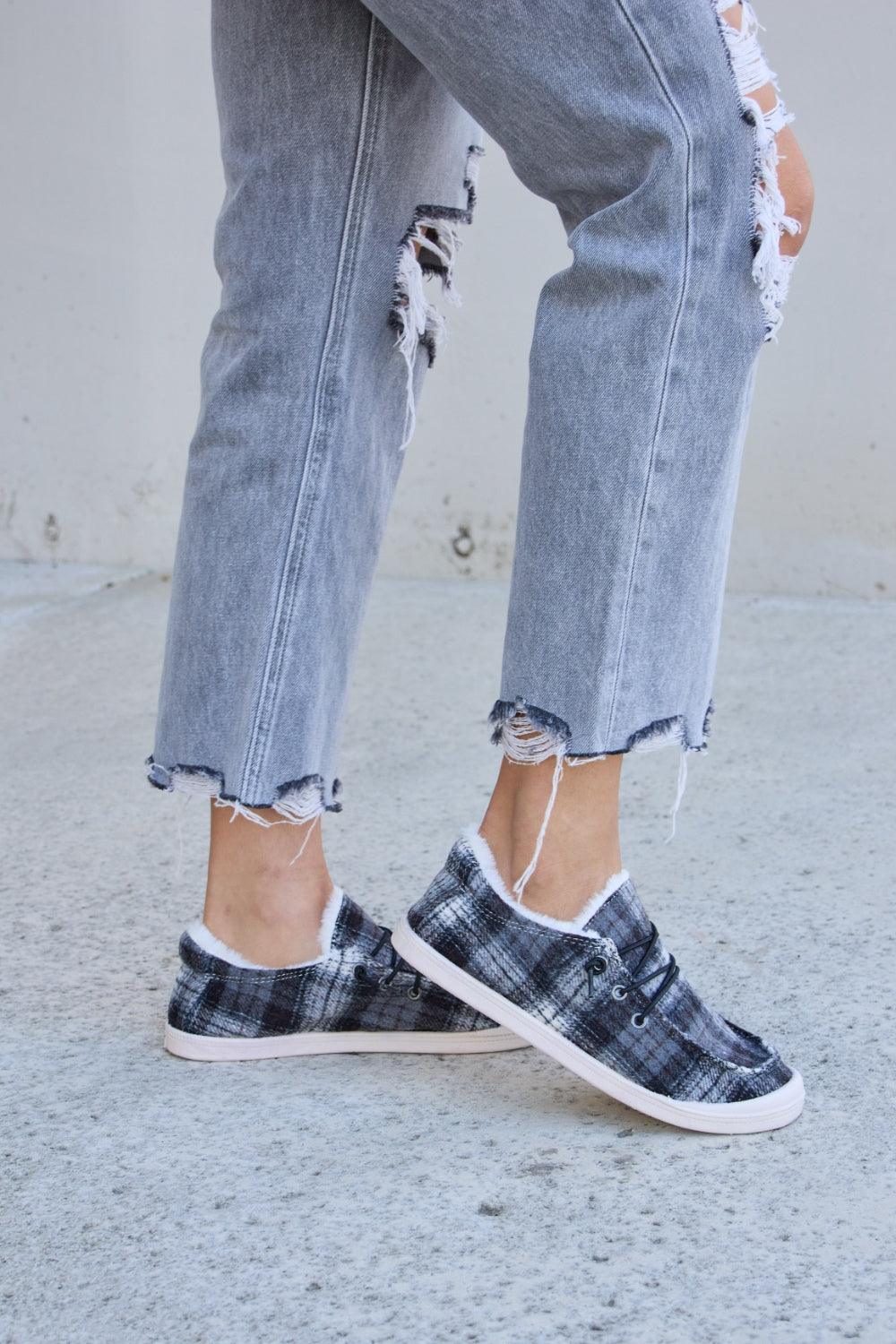 Forever Link Plaid Plush Flat Sneakers Carauana Store