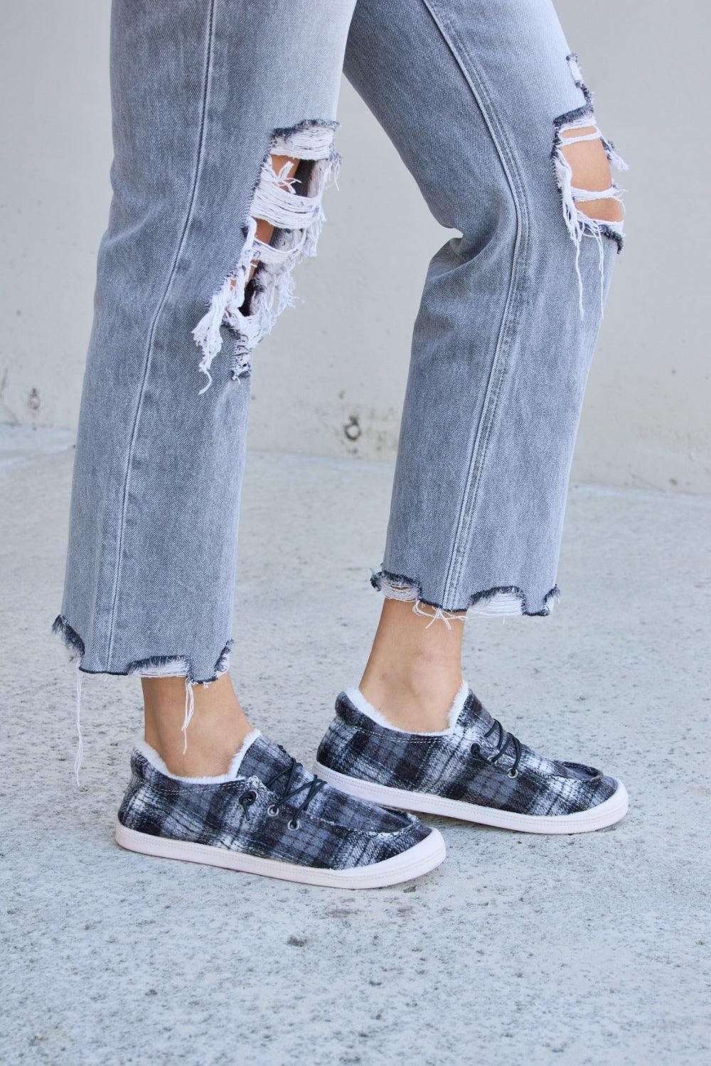 Forever Link Plaid Plush Flat Sneakers Carauana Store