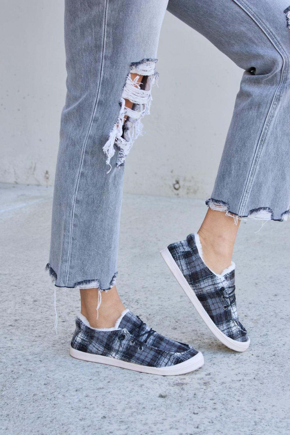 Forever Link Plaid Plush Flat Sneakers Carauana Store