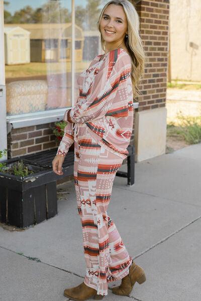 Geometric Top and Drawstring Pants Lounge Set Carauana Store