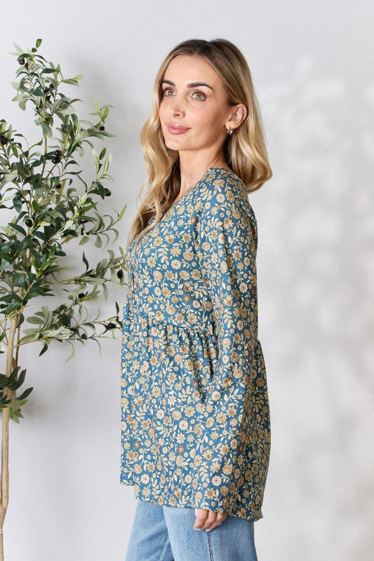 Heimish Full Size Floral Half Button Long Sleeve Blouse Carauana Store