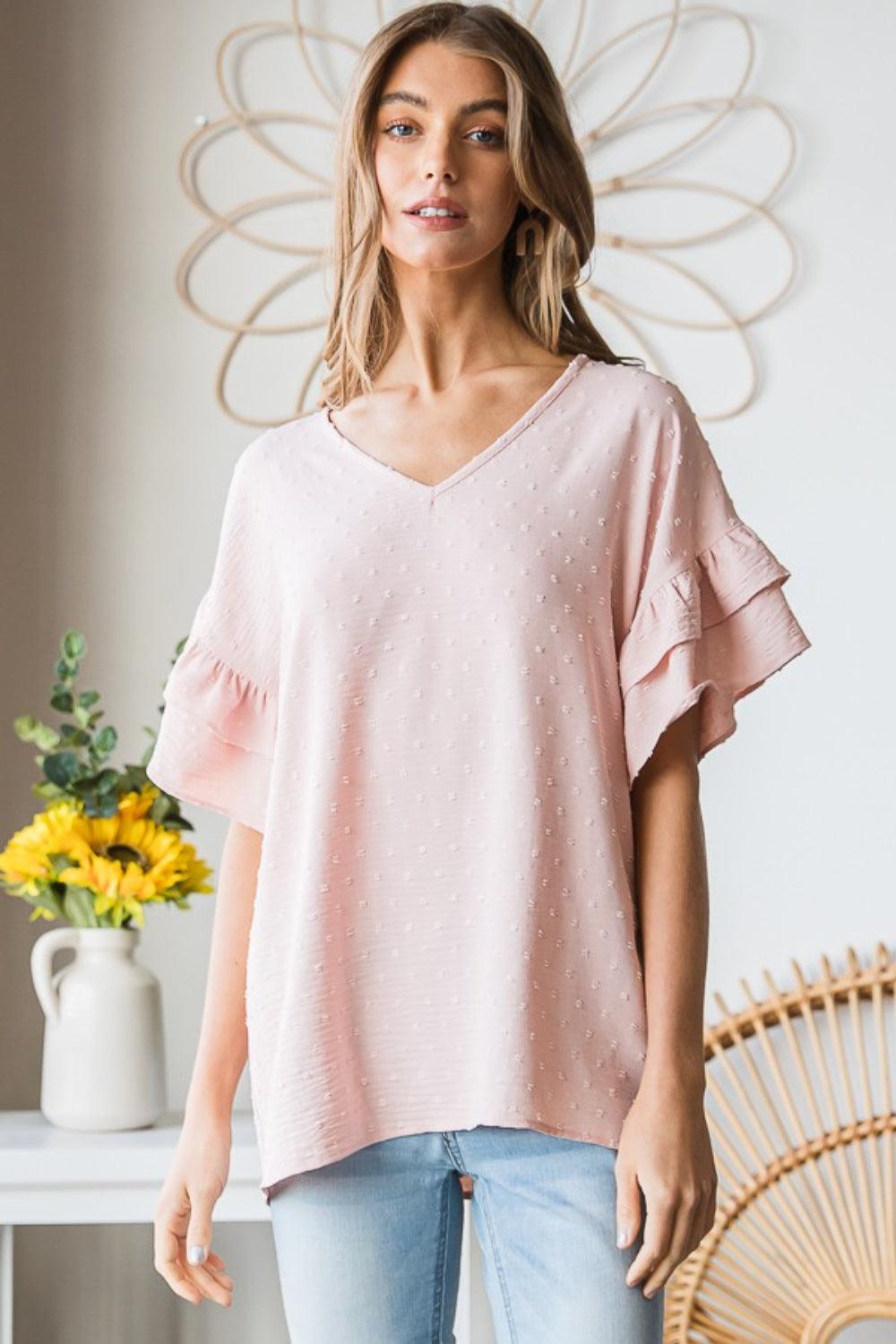 Heimish Full Size Swiss Dot Ruffle Short Sleeve Top Carauana Store