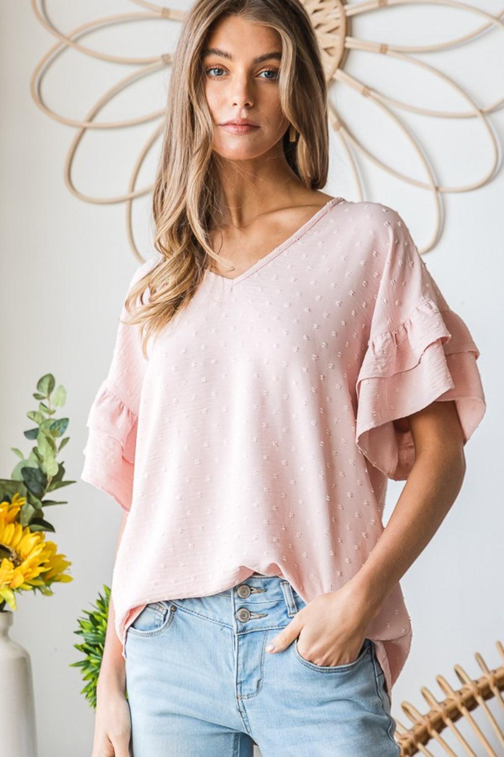Heimish Full Size Swiss Dot Ruffle Short Sleeve Top Carauana Store