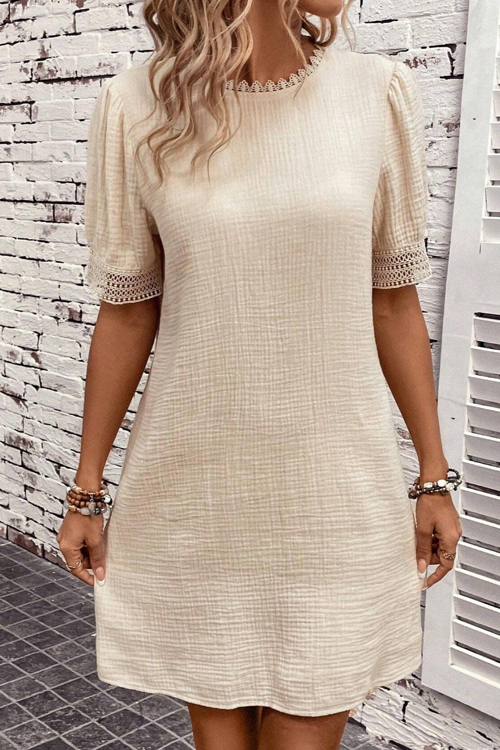 Lace Detail Round Neck Short Sleeve Mini Dress Carauana Store