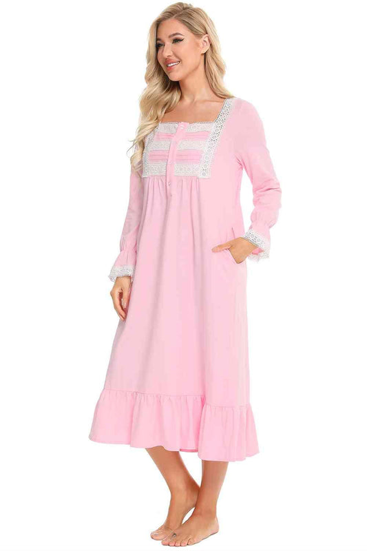Lace Detail Square Neck Flounce Sleeve Night Dress Carauana Store