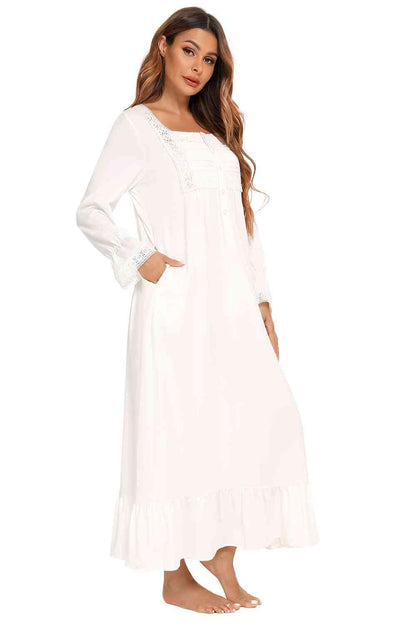 Lace Detail Square Neck Flounce Sleeve Night Dress Carauana Store