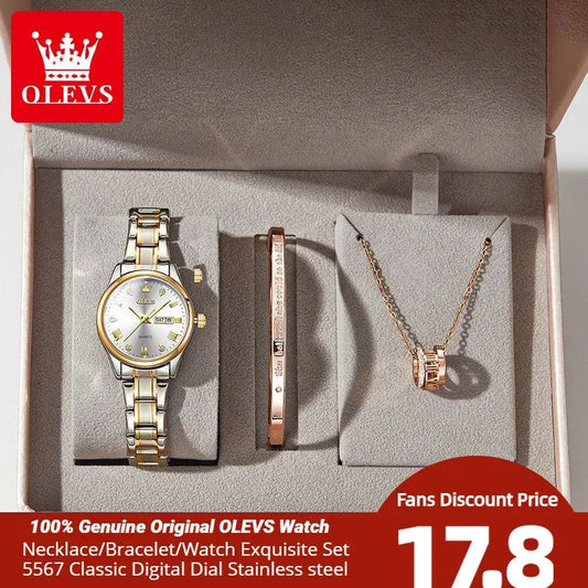 OLEVS 5567 Classic Quartz Watch for Women Set Elegant Dress Luminous Waterproof Week Date Clock Stainless Steel Wristwatch Gift