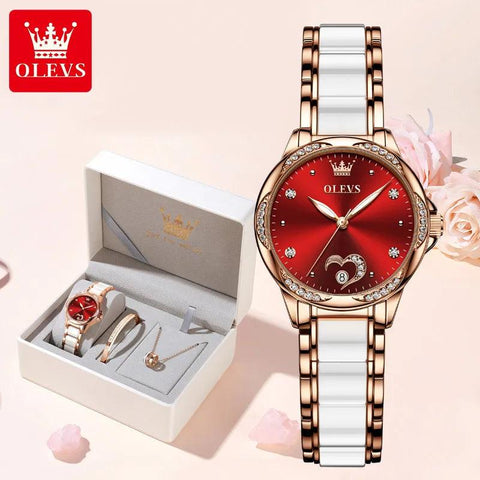 OLEVS Ceramic Band Automatic Self-Wind Watch | Fashionable & Durable with Diver Function and 5Bar Water Resistance Elegant Ladies Watch Set 6631