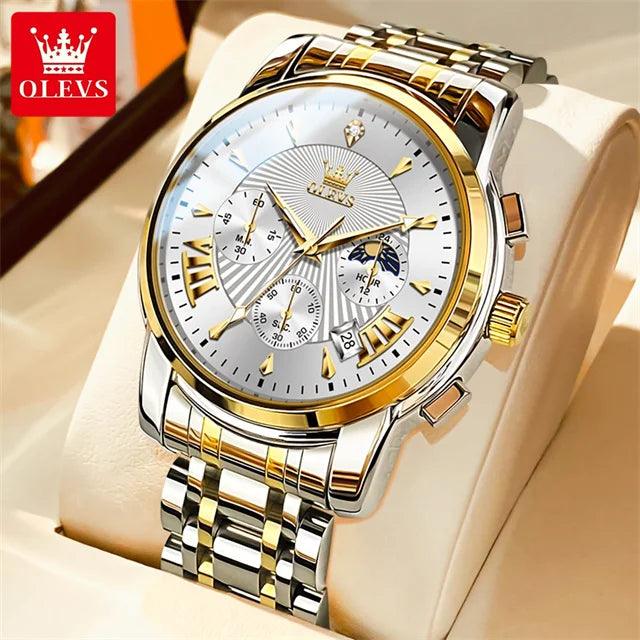 OLEVS Luxury Brand Quartz Watch for Men Waterpoof Chronograph Men's Wristwatch Auto Date Dual Calendar Moon Phase Man Watch New