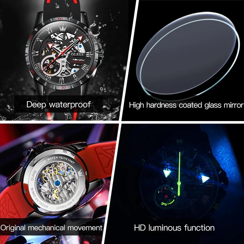 OLEVS Men's Watches Hollow Out Sporty Automatic Mechanical Watch for Man Waterproof Silicone Strap Fashion Hip Hop Style