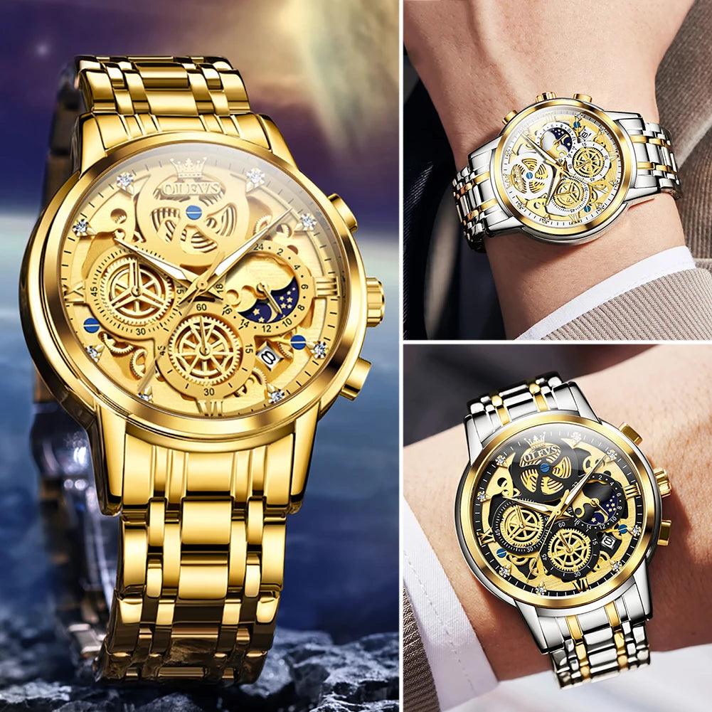 OLEVS Men's Watches Top Brand Luxury Original Waterproof Quartz Watch for Man Gold Skeleton Style 24 Hour Day Night New