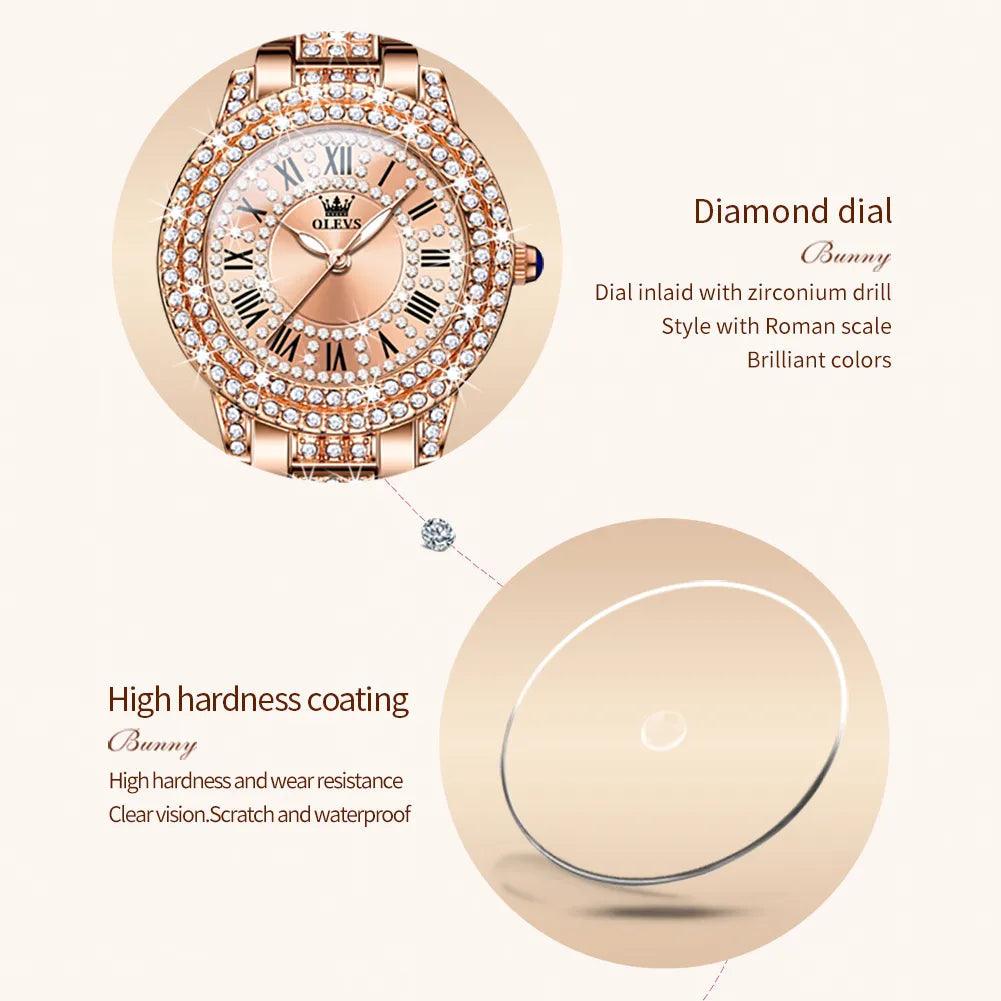 OLEVS Original Diamond Watch for Women Fashion Elegant Stainless Steel Waterproof Quartz Wristwatch Luxury Ladies Dress Watches