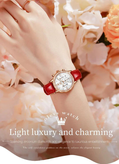 OLEVS Women's Diamond Quartz Wristwatch | Luxury Waterproof Leather Strap Multifunction Watch