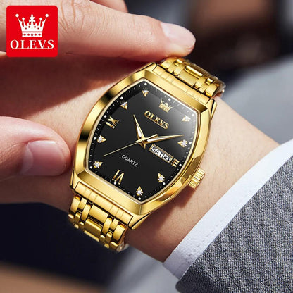 OLEVS/5528 Stainless Steel Luxury Quartz Watch | Elegant Tonneau Case with Shock Resistance and Week Display