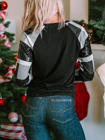 Plaid Sequin Long Sleeve Round Neck Sweatshirt Carauana Store