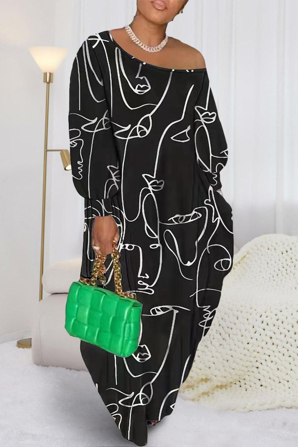 Printed Single Shoulder Lantern Sleeve Maxi Dress Carauana Store