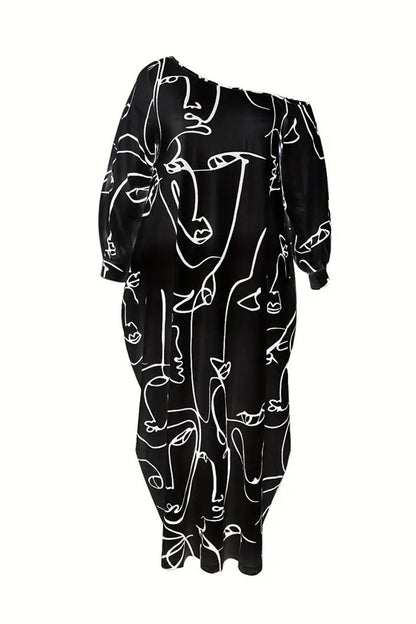 Printed Single Shoulder Lantern Sleeve Maxi Dress Carauana Store