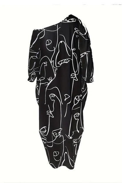 Printed Single Shoulder Lantern Sleeve Maxi Dress Carauana Store