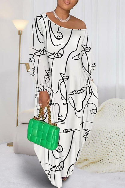 Printed Single Shoulder Lantern Sleeve Maxi Dress Carauana Store