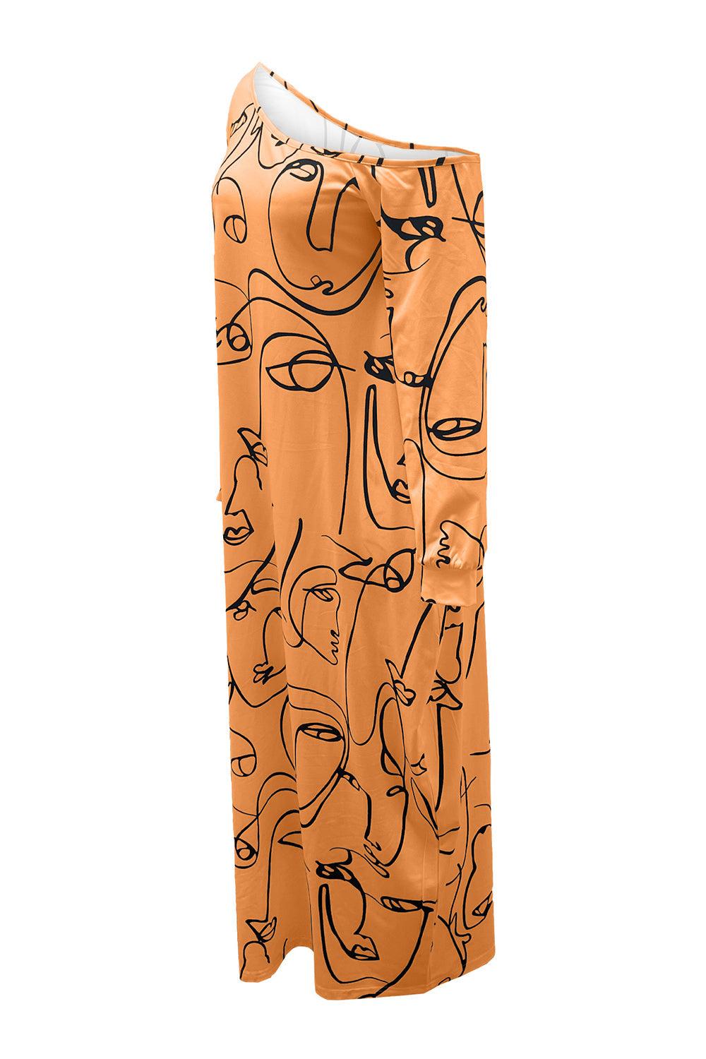 Printed Single Shoulder Lantern Sleeve Maxi Dress Carauana Store