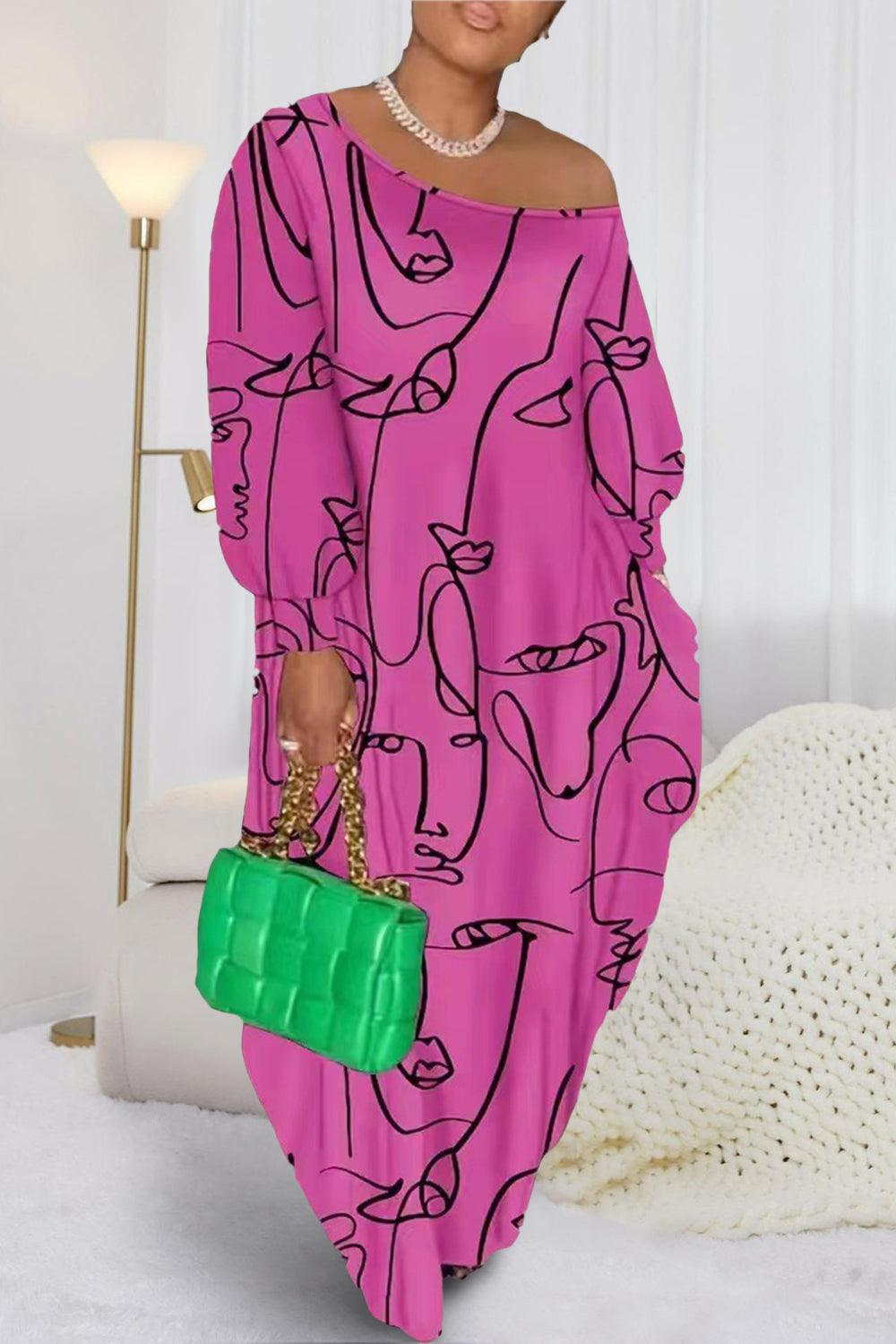 Printed Single Shoulder Lantern Sleeve Maxi Dress Carauana Store