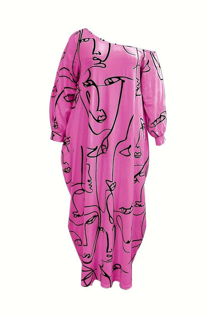 Printed Single Shoulder Lantern Sleeve Maxi Dress Carauana Store