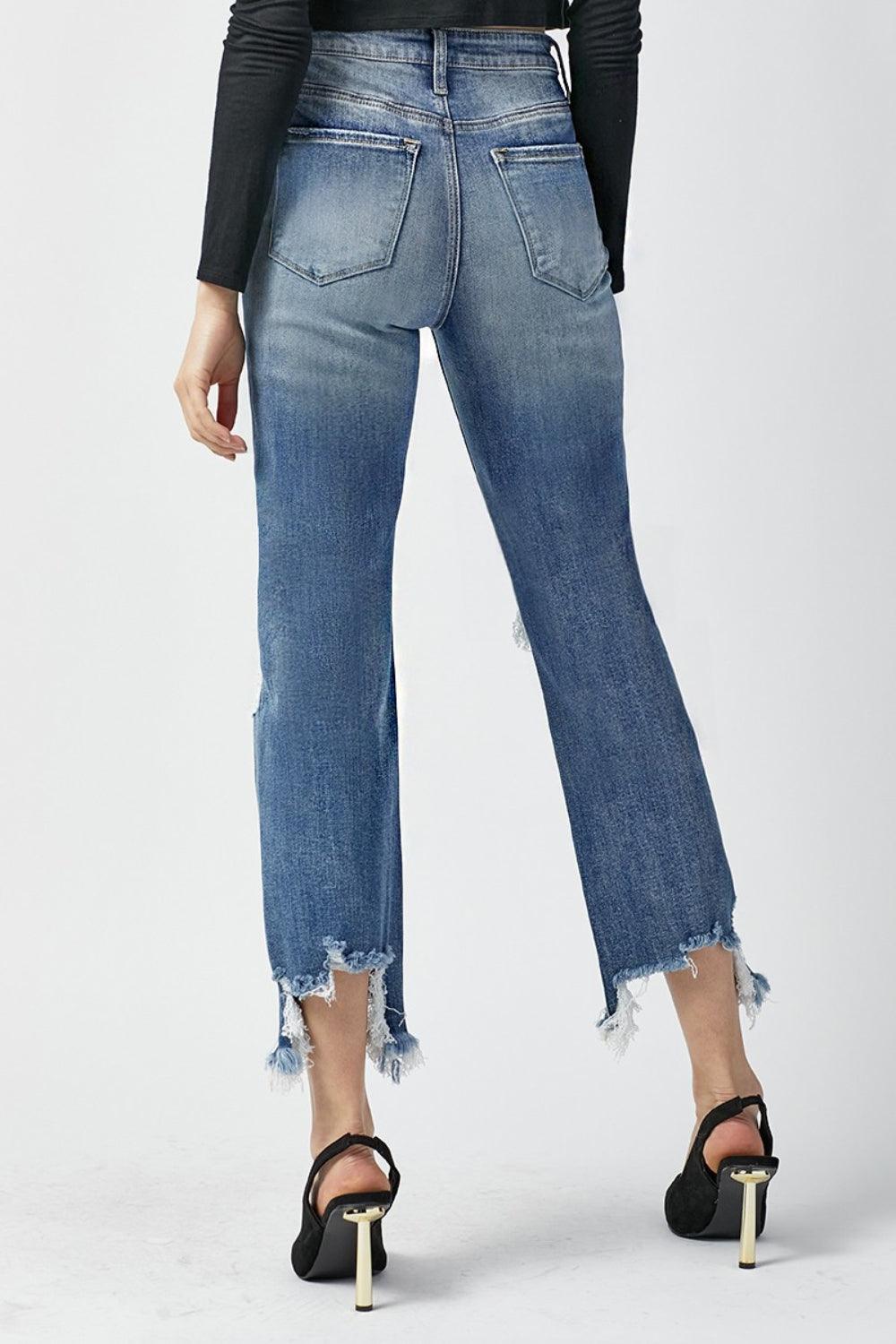 RISEN High Waist Distressed Frayed Hem Cropped Straight Jeans Carauana Store