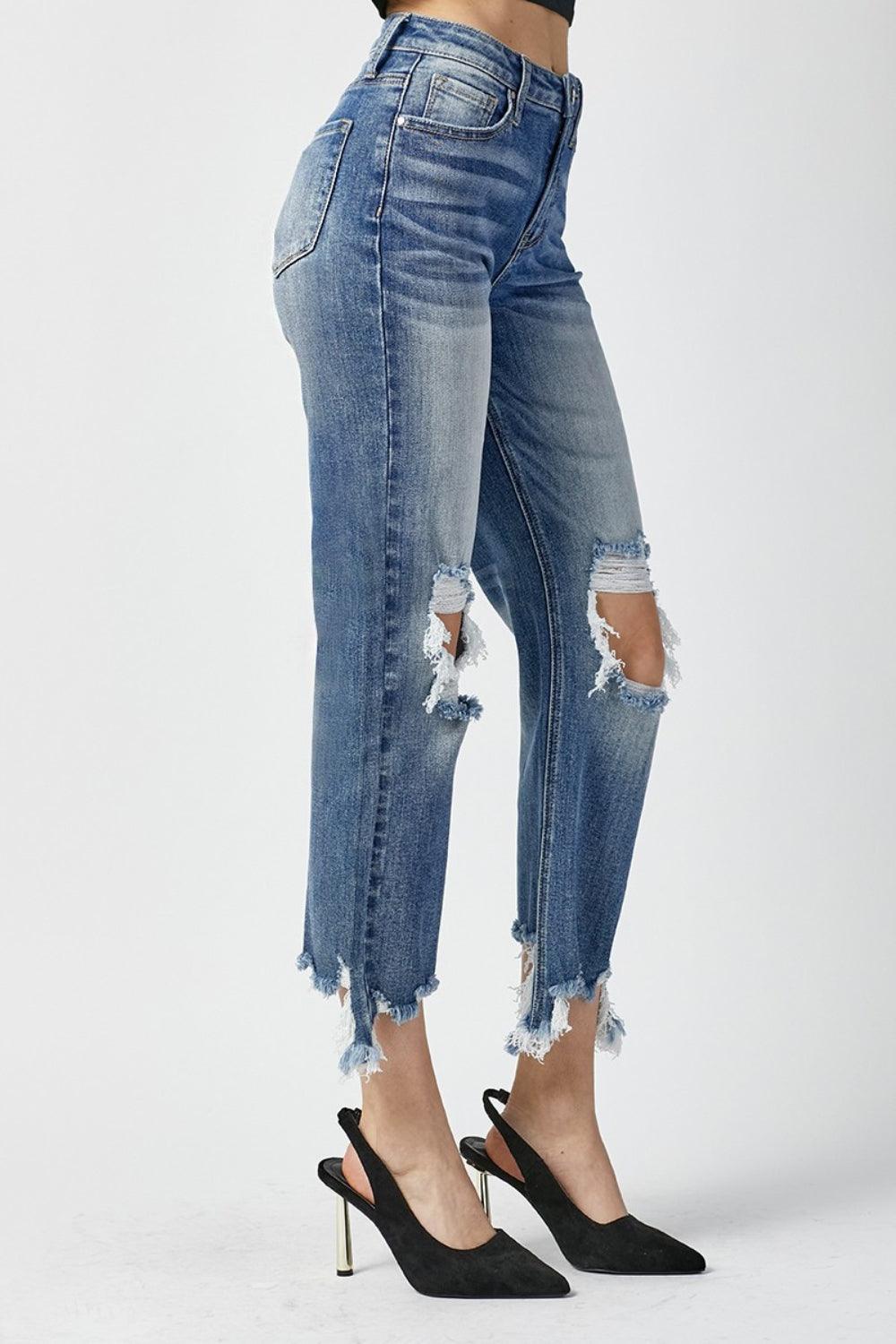 RISEN High Waist Distressed Frayed Hem Cropped Straight Jeans Carauana Store
