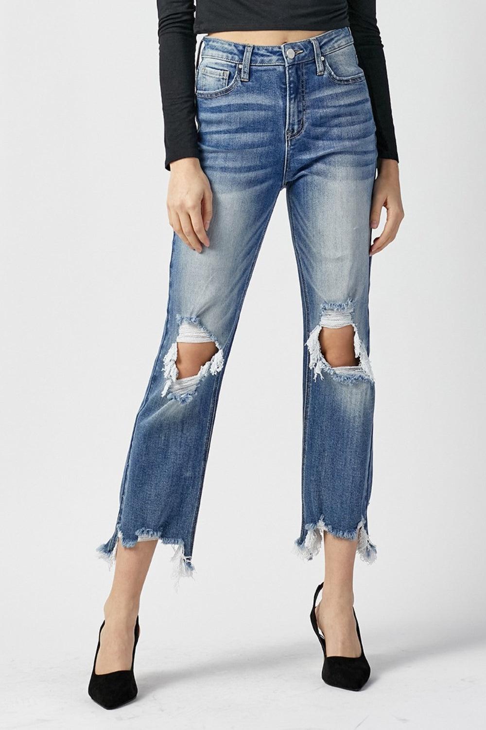 RISEN High Waist Distressed Frayed Hem Cropped Straight Jeans Carauana Store