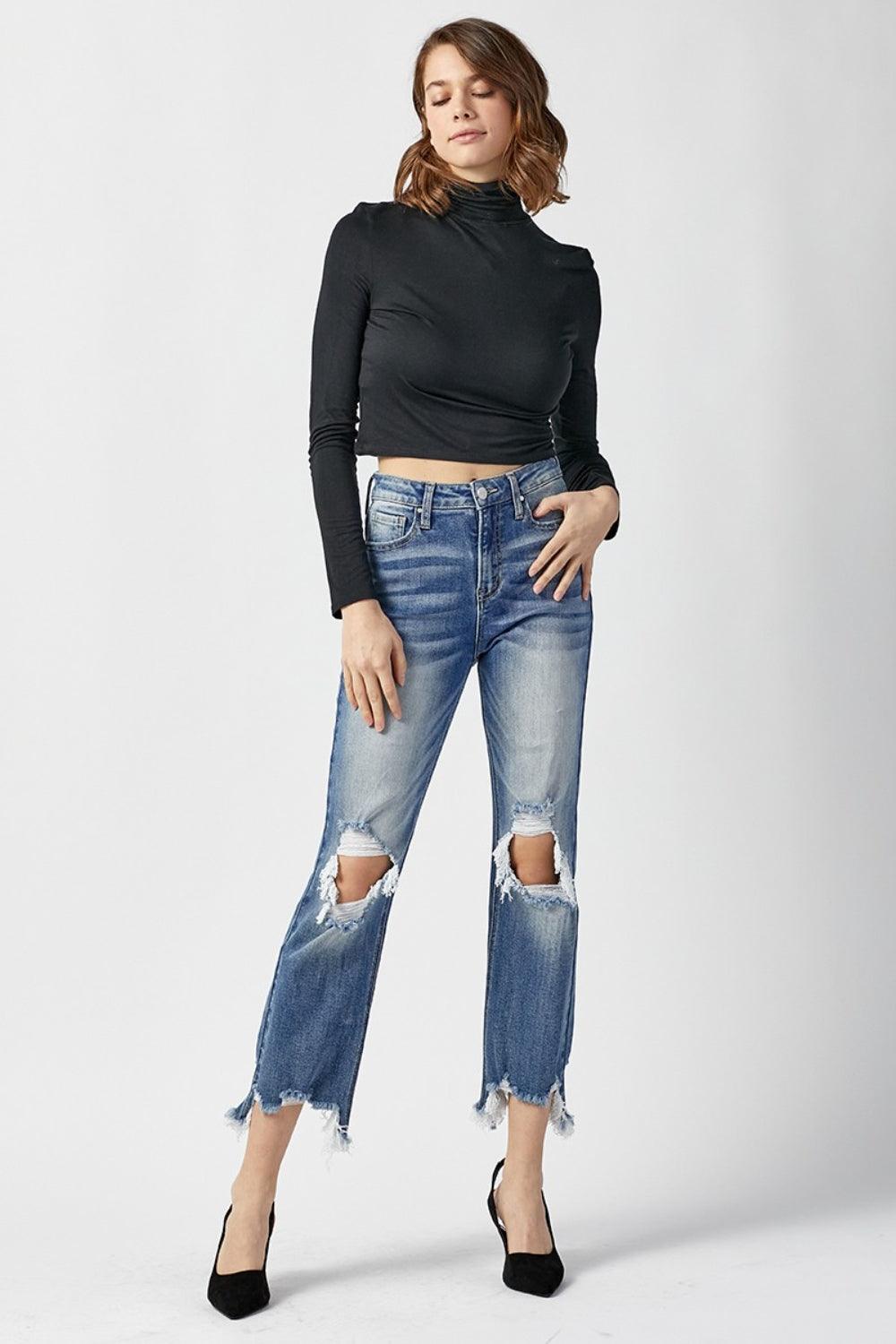 RISEN High Waist Distressed Frayed Hem Cropped Straight Jeans Carauana Store