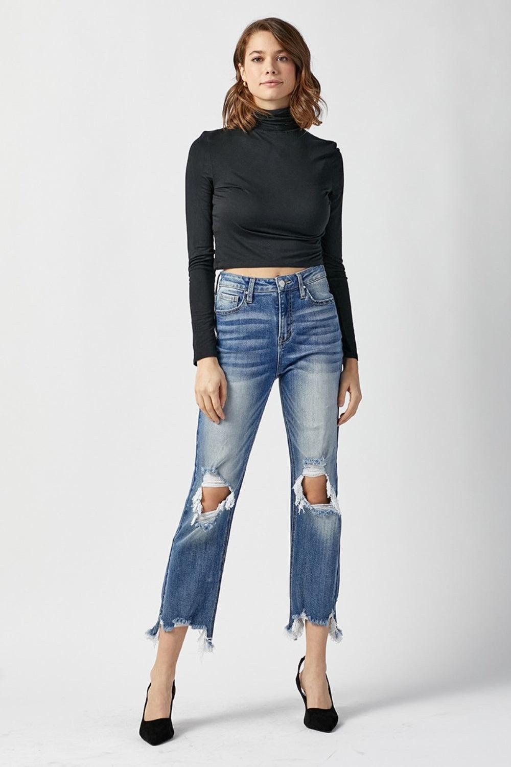 RISEN High Waist Distressed Frayed Hem Cropped Straight Jeans Carauana Store