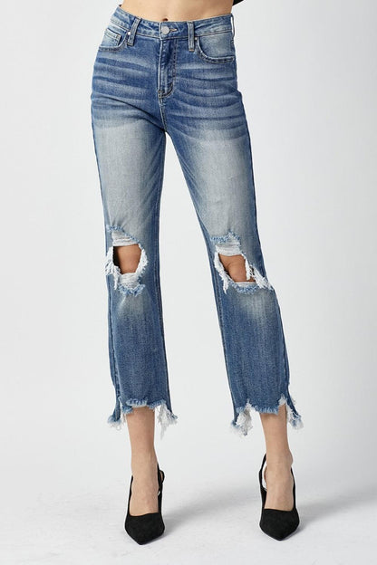 RISEN High Waist Distressed Frayed Hem Cropped Straight Jeans Carauana Store
