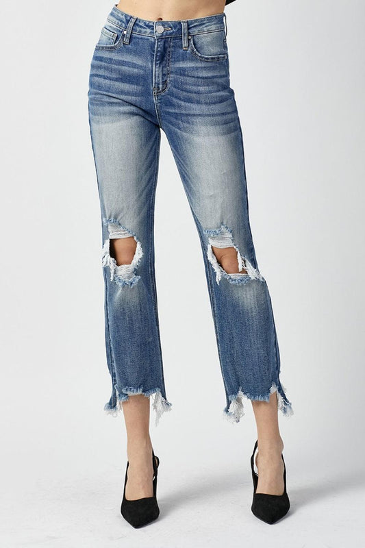 RISEN High Waist Distressed Frayed Hem Cropped Straight Jeans Carauana Store