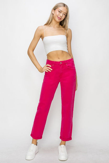 RISEN High Waist Rolled Hem Straight Jeans Carauana Store
