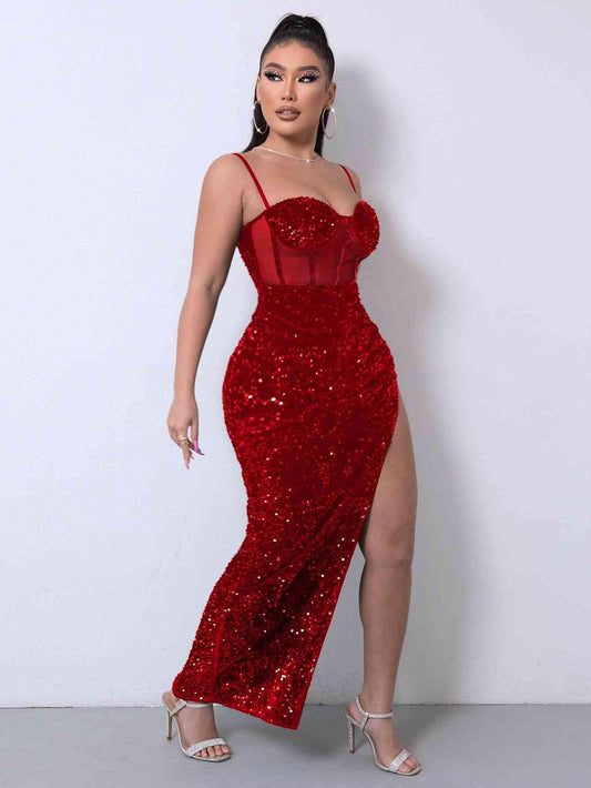 Sequin Spliced Mesh Adjustable Strap Dress Carauana Store