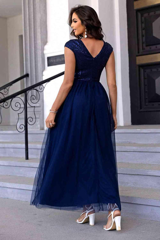 Sequin V-Neck Mesh Maxi Dress Carauana Store