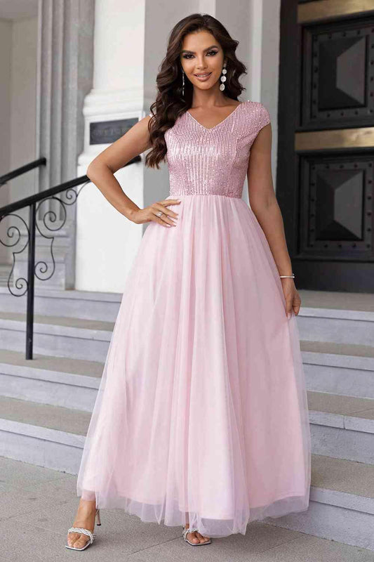 Sequin V-Neck Mesh Maxi Dress Carauana Store