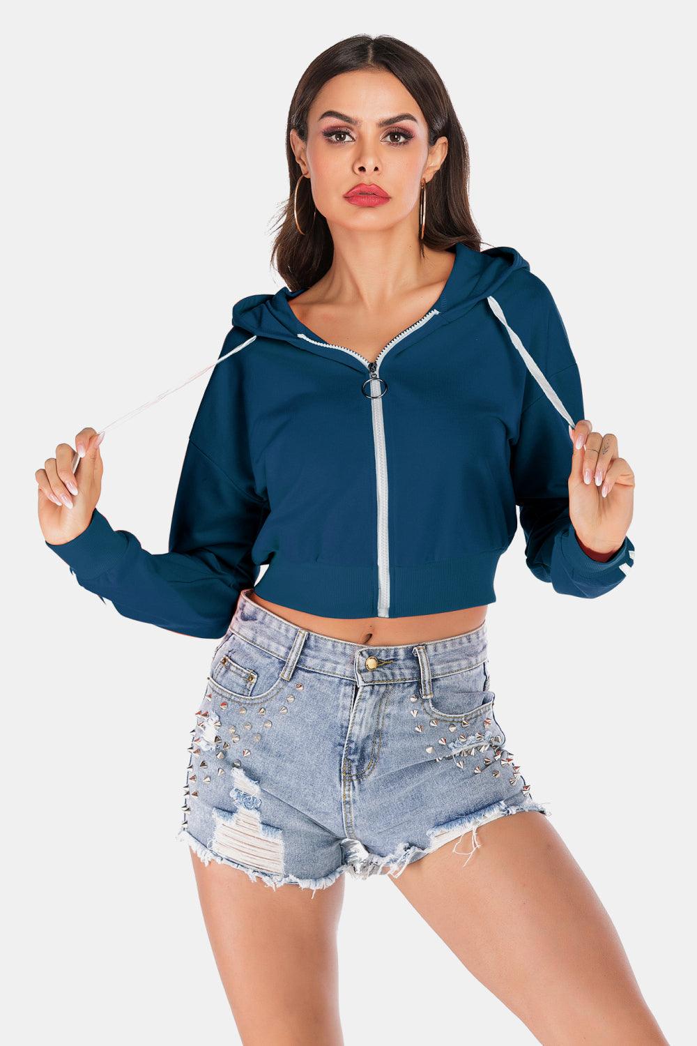 Side Stripe Drawstring Cropped Hooded Jacket Carauana Store