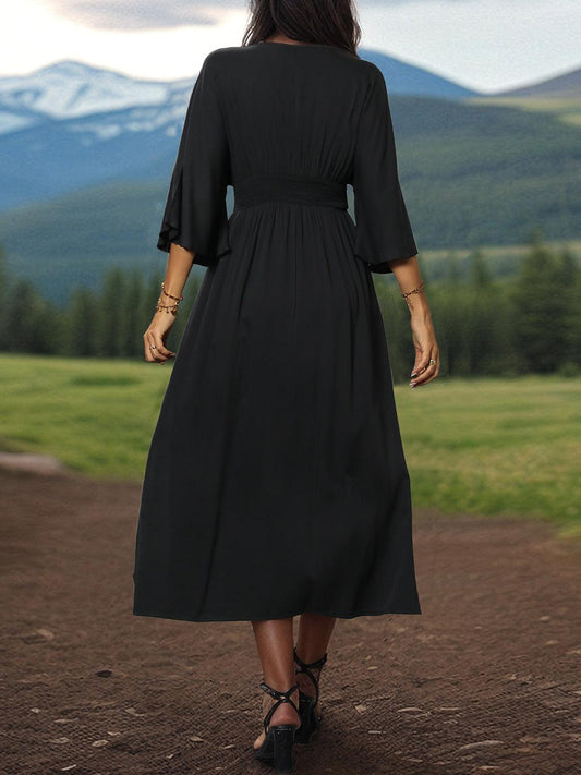 Slit V-Neck Long Sleeve Midi Dress Carauana Store