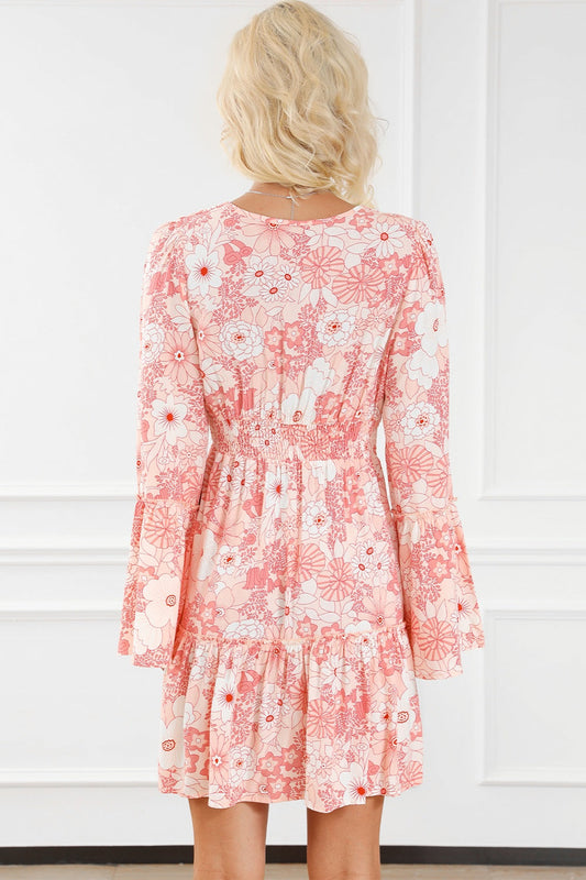 Smocked Printed Flare Sleeve Mini Dress Carauana Store