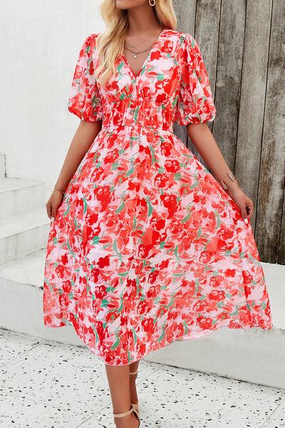 Smocked Printed V-Neck Short Sleeve Dress Carauana Store