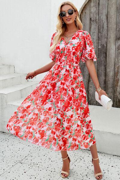 Smocked Printed V-Neck Short Sleeve Dress Carauana Store