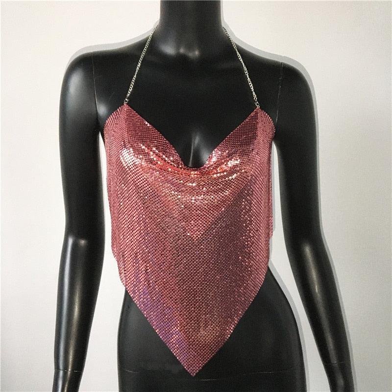 Solid Sequin Metal Cropped Tank Top