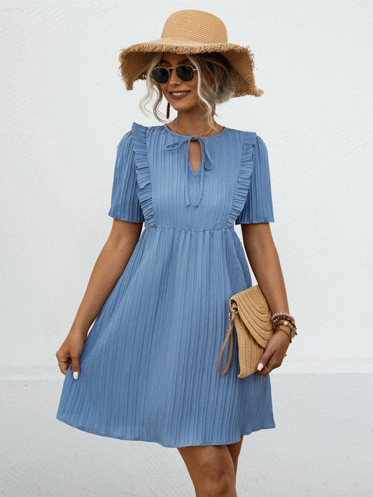 Tie Neck Short Sleeve Mini Dress Carauana Store