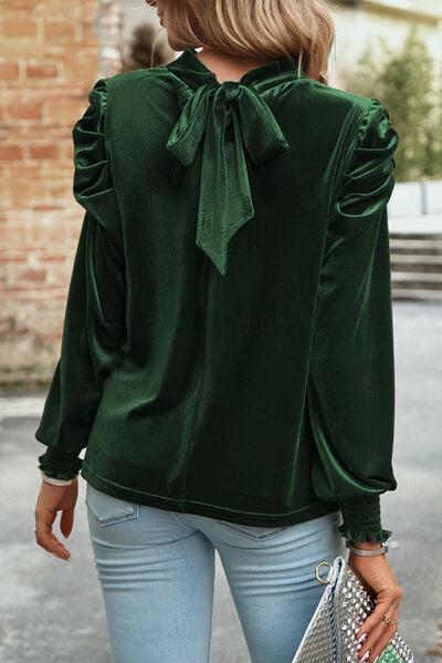 Tie Up Mock Neck Velvet Fabric Long Sleeve Blouse Carauana Store